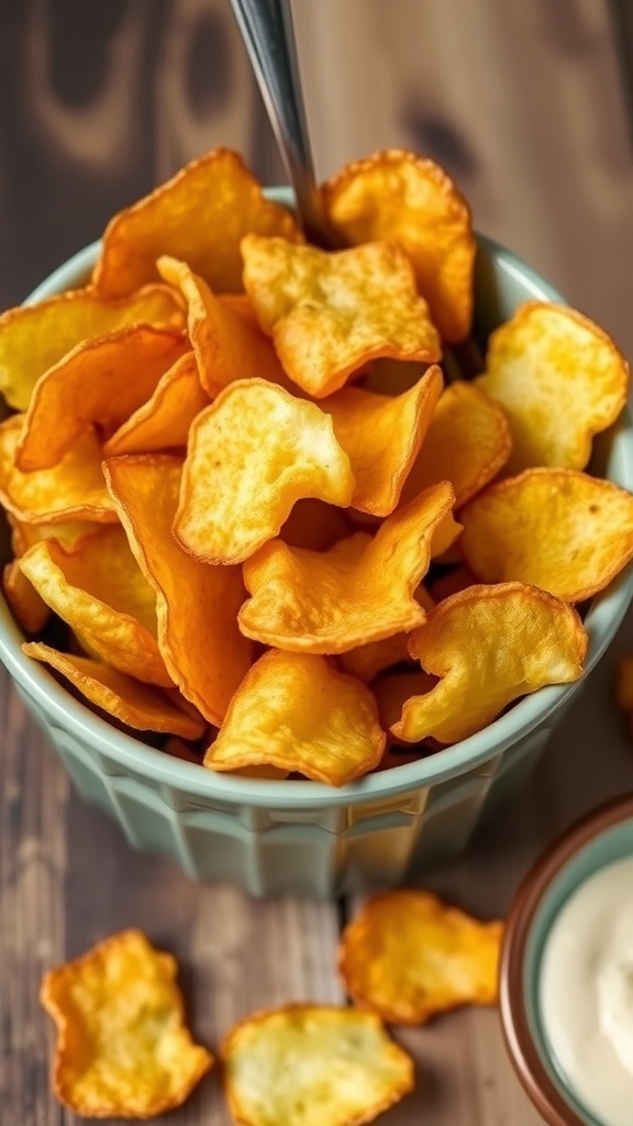 A bowl of crispy homemade potato chips on a wooden table with a dip.